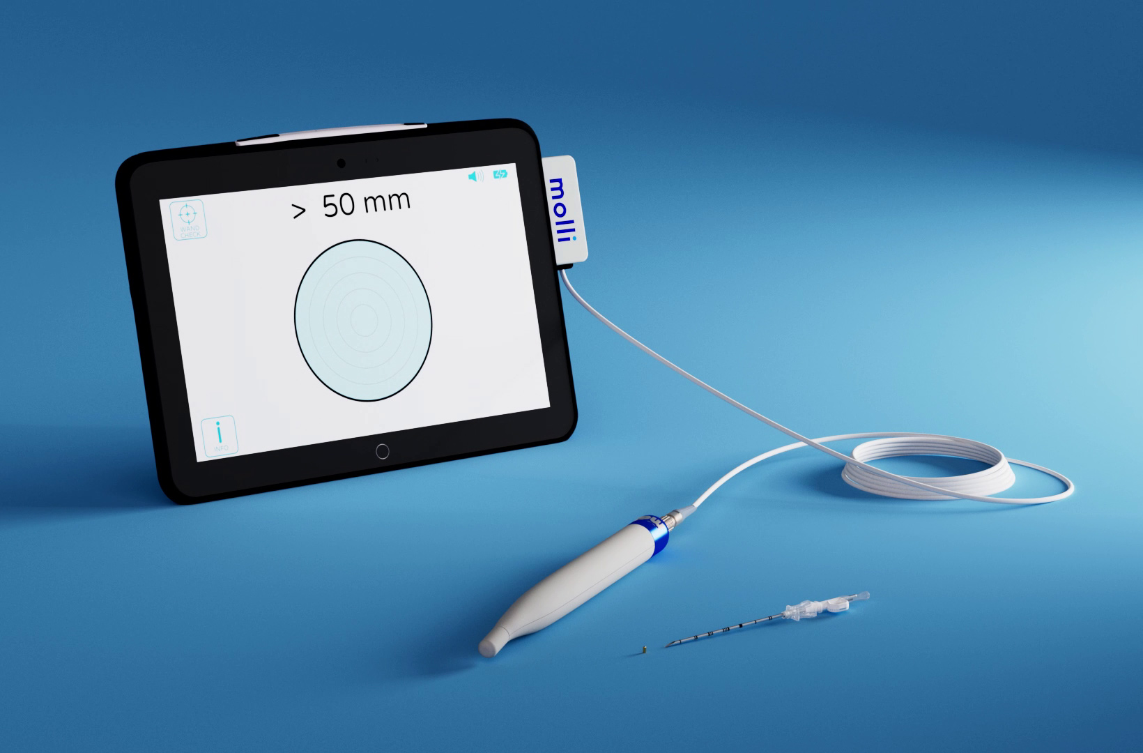 A screenshot from a 3D medical device animation showing how the Molli wand works