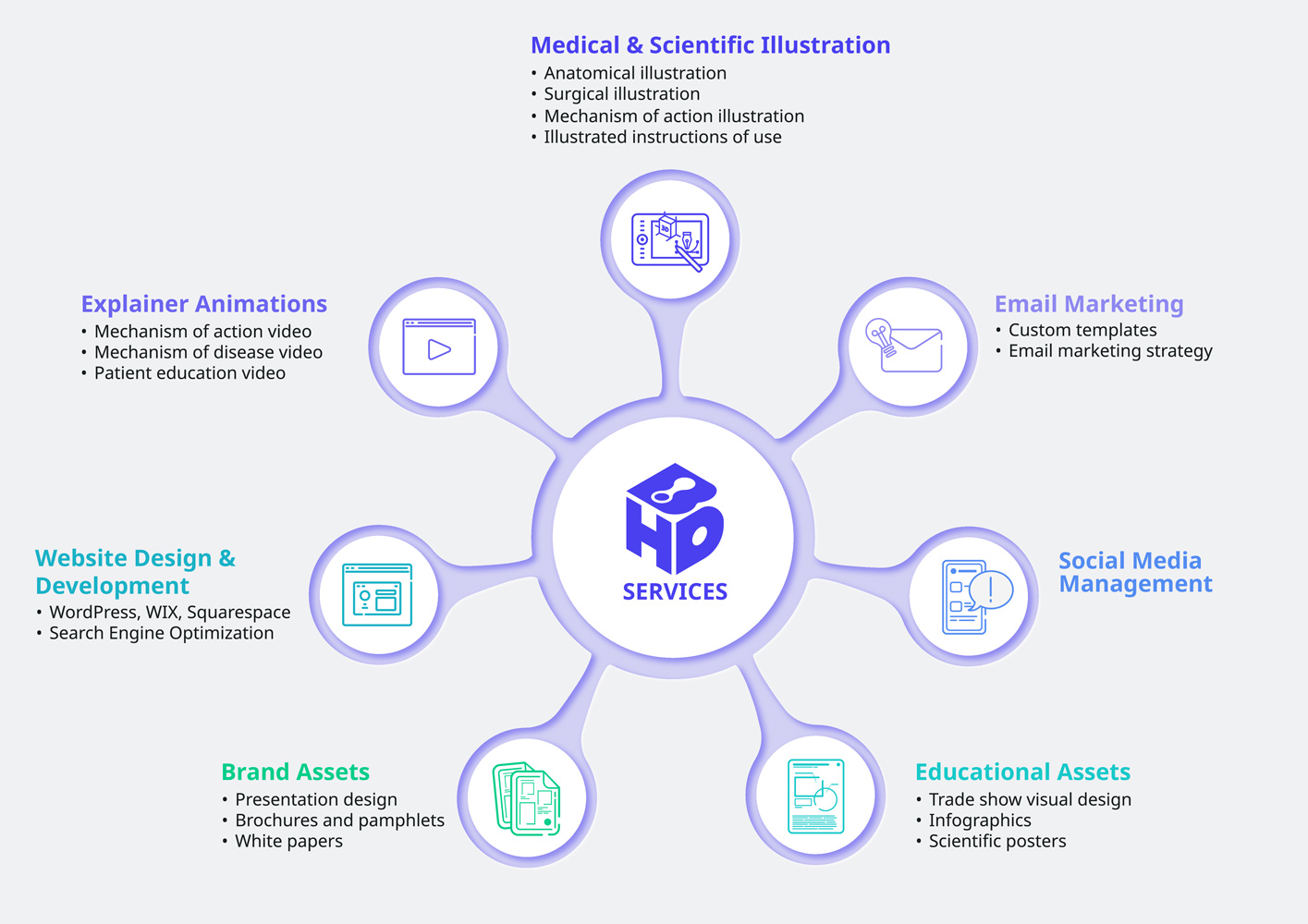 A visual diagram describing all the services offered by BioHues Digital including medical visualization, animation, website design and marketing